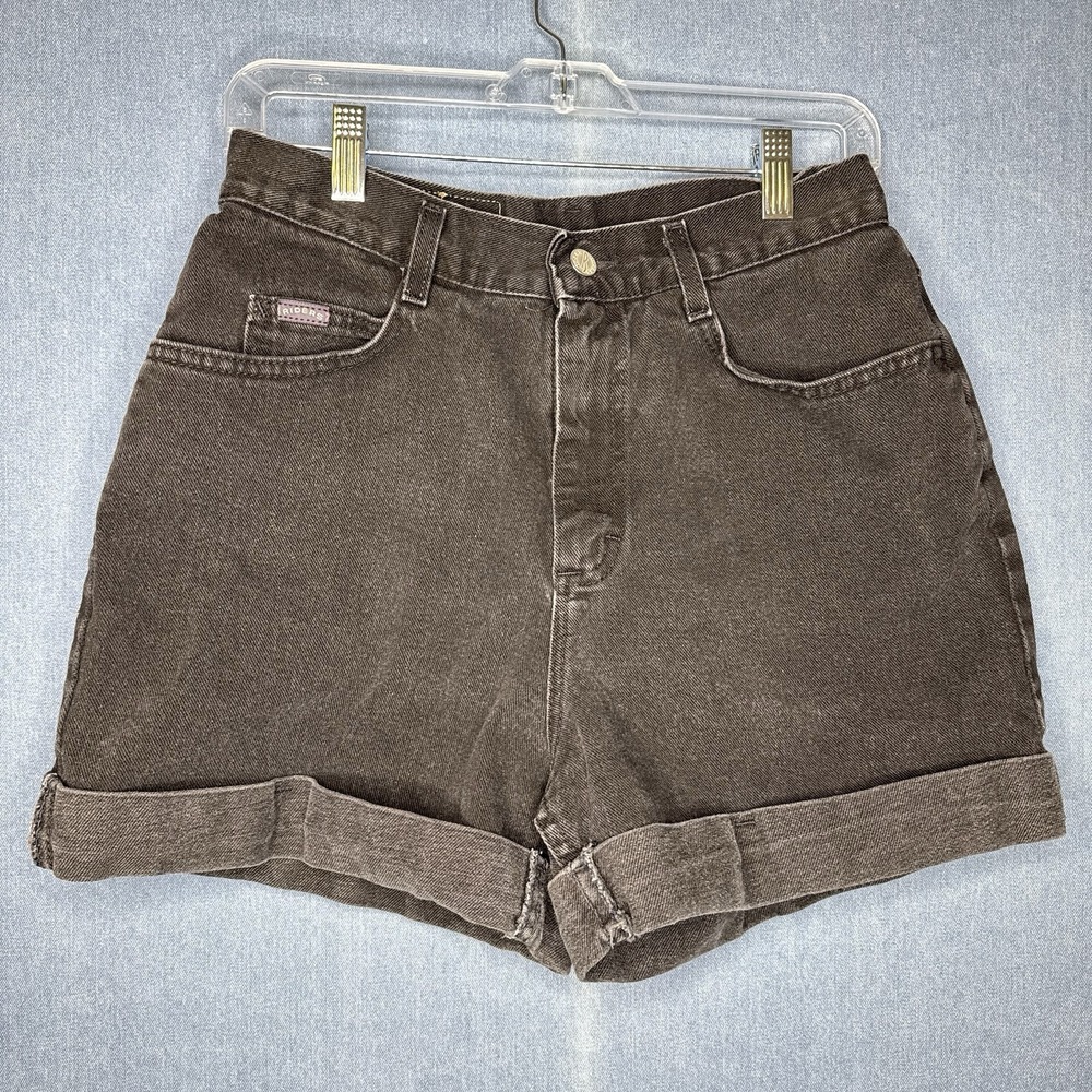 Vintage Lee Shorts Womens 12 Black High Rise Denim 90s Distressed Zipper Cuffed